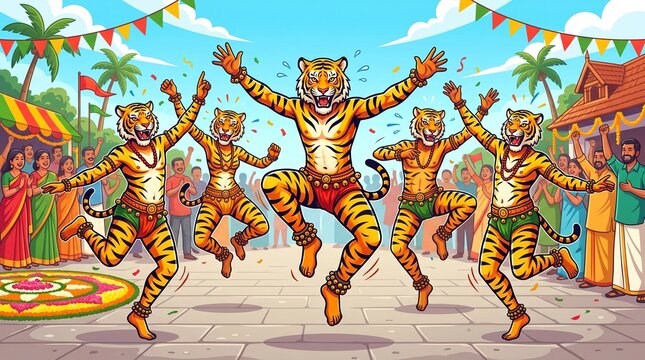 Energetic performers in tiger costumes dancing during traditional onam festival celebration in kerala village, cultural folk dance, pulikali performance.
