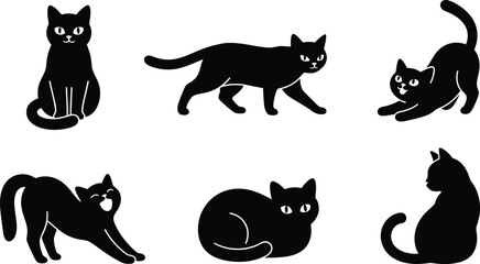 Set of black cat silhouettes in various postures and poses with silhouette © Ramjan