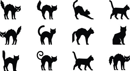 Set of black cat silhouettes showing expressive body language with silhouette © Ramjan