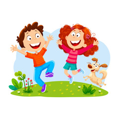 Naklejka premium Two happy children run and play together outdoors while a playful dog follows beside them.