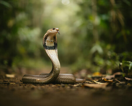 Cobra snake poised to strike in a forest reptile venomous