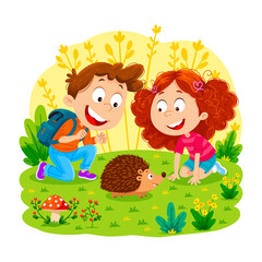 Two excited children discover a hedgehog resting among flowers, grass, and autumn leaves.