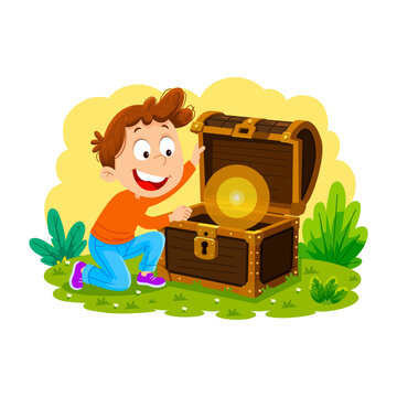 Excited child kneels beside an open treasure chest glowing with hidden riches in the forest.