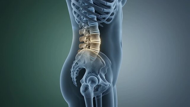 Spine, pelvis and hip joint in medical illustration for healthcare, orthopedic diagnosis and surgery research. Skeleton, bone anatomy and body with lower back pain, science and physical therapy art