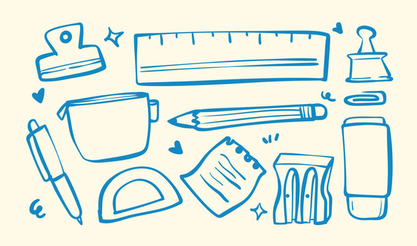 Hand Drawn School Stationery Doodle Vector Set with Ruler, Pencil, Pen, Notebook and Office Supplies
