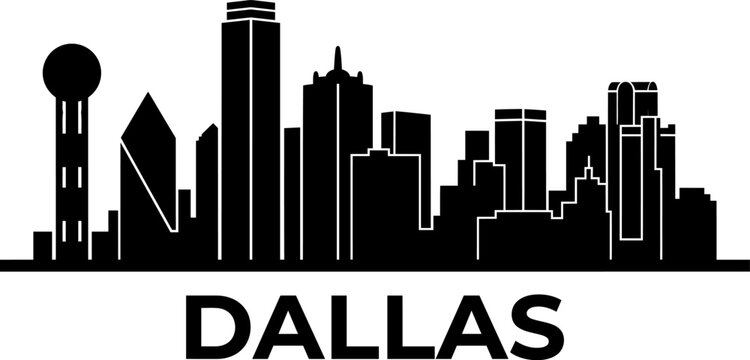 Black silhouette of the dallas texas city skyline featuring iconic skyscrapers and buildings on white background