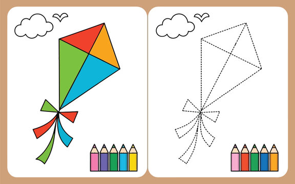 Kite drawing and coloring worksheet activity for preschoolers with kids activities coloring page drawing practice kids education skill building play and learn coloring worksheet educational