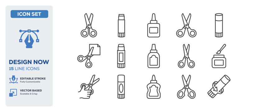 flat vector illustration line art icon bundle set design covering office stationery scissors glue crafting tools paper cutting accessories and school supplies UI app