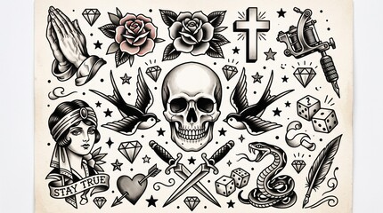 Fototapeta premium Vintage Traditional Tattoo Flash Sheet with Classic Old School Imagery