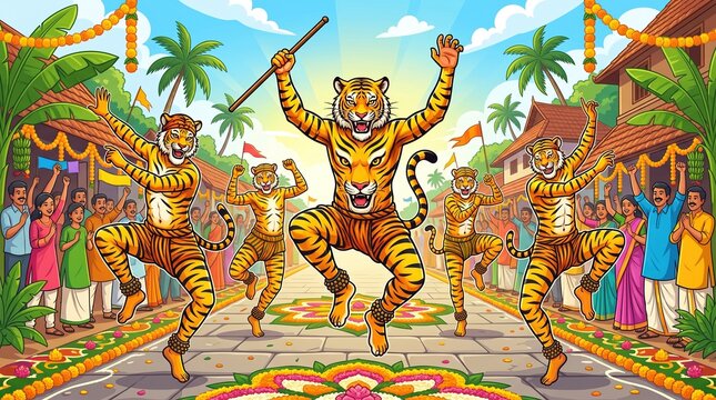 Traditional Pulikali tiger dancers performing during Onam festival celebration in Kerala village street, cultural event, energetic folk dance.