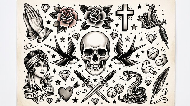 Vintage Traditional Tattoo Flash Sheet with Classic Old School Imagery