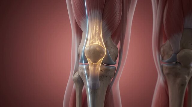 Knee joint anatomy, leg muscles and human bone with medical surgery, injury treatment and orthopedic care. Pain, ligament and physiotherapy with health scan, body skeleton and physical therapy.