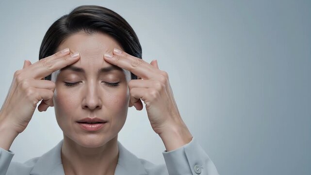 Skincare, woman and wrinkles on forehead for anti-aging, beauty treatment and facial health. Mature female, skin care and dermatology in studio with aesthetic, copy space and professional results.