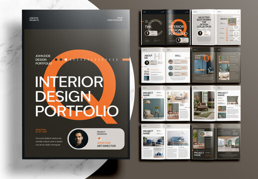 Modern Interior Design Portfolio Layout Template with Brown and Orange Accents