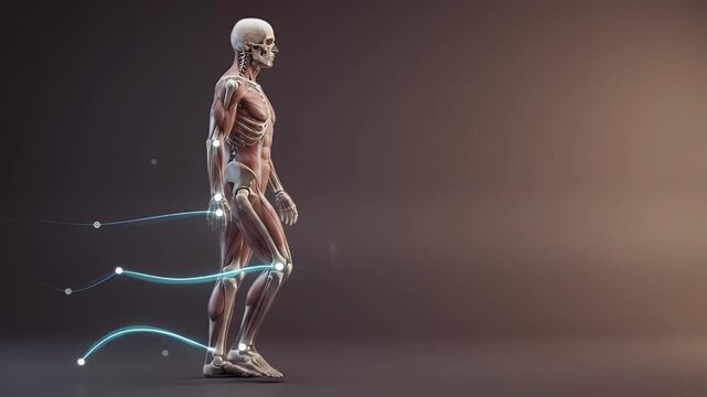 Human muscular system, man walking and anatomy model with glowing lights for medical research, fitness analysis and biology study. Male body, physiology and exercise with science, health, sport and m