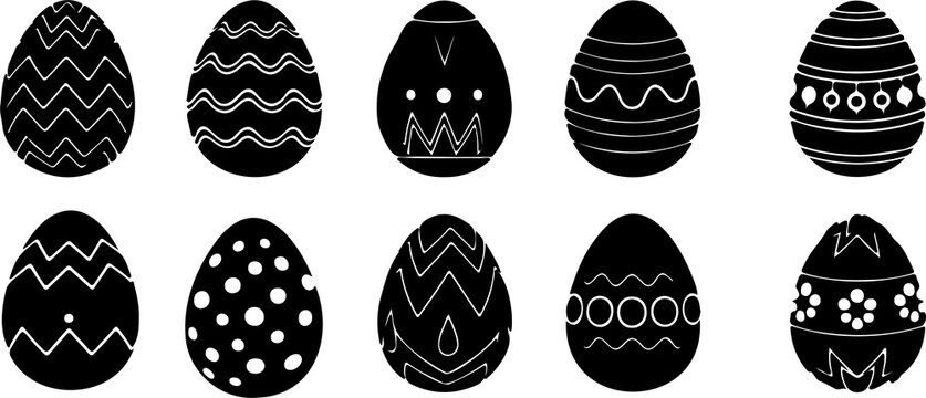 Easter egg silhouettes collection, festive and decorative concept, minimal black vector illustration showing patterned eggs with zigzag, dots, and geometric designs