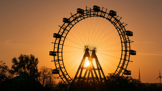 Silhouette of Ferris Wheel Against a Stunning Golden Sunset in Prater Park, Vienna, Austria