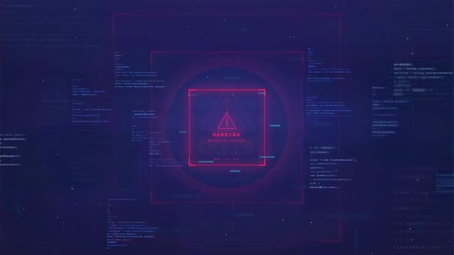Futuristic Digital Warning Alert Interface with Holographic HUD and Program Code