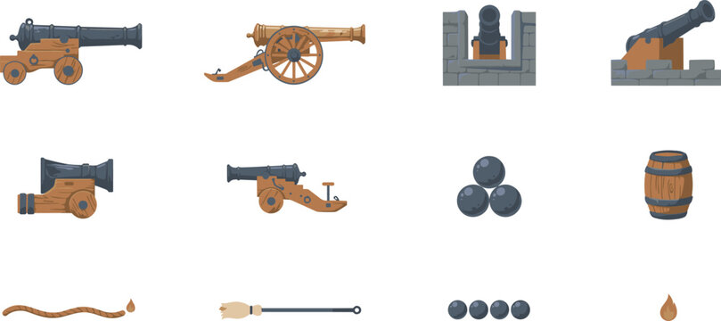 Vintage medieval cannon and weapon vector element icon set with cannonballs, gunpowder barrel, fuse, and ramrod isolated on white.