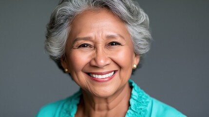 Fototapeta premium Senior woman smiling in a close-up portrait against a plain gray background, wearing a turquoise blouse and pearl earrings.