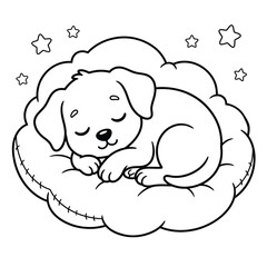 Cute cartoon puppy sleeping peacefully on a soft fluffy cloud surrounded by little stars