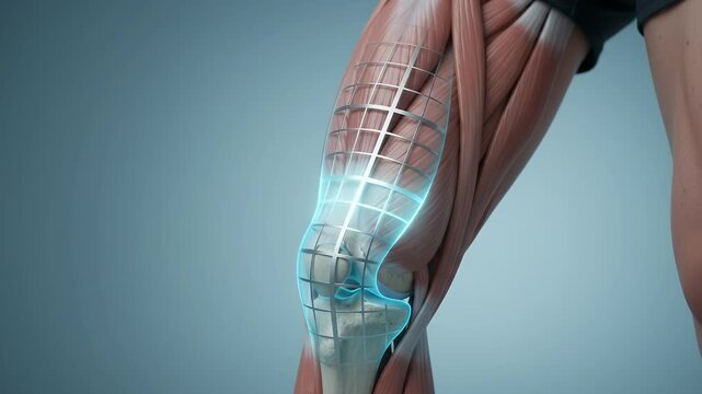 Human muscle, knee and anatomy with joint in medical animation for science, health and physiology report. Leg, technology and body with biology, physical therapy and medicine for healthcare training
