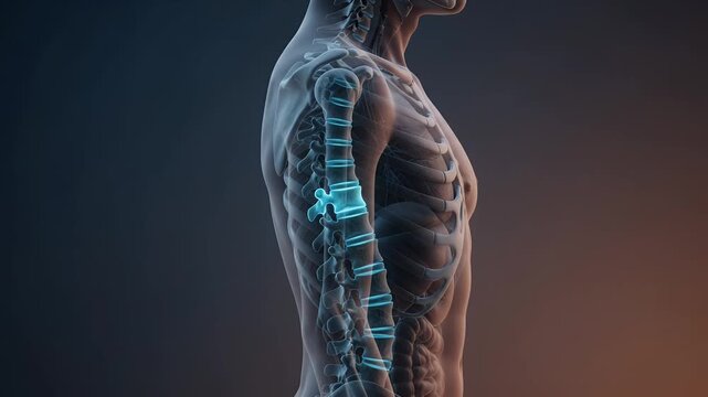 Spine medical scan, human anatomy and back pain with skeleton, vertebral column and diagnostic imaging. Healthcare, orthopedic and healthcare technology with bone structure, ribs and torso health.