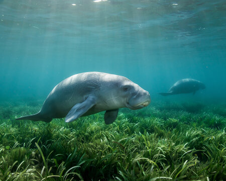 Dugongs Swimming in Seagrass Bed Underwater level graphic