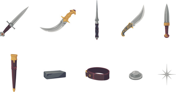 Fantasy dagger vector set with medieval knives swords assassin blades scabbard and leather belt assets for game UI design isolated on white background