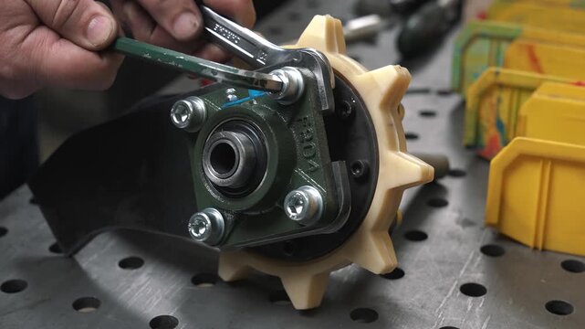 An engineer assembles a transmission mechanism with a bearing. He inserts bolts into the grooves, installs washers, and tightens the nuts with a hex wrench. Then checks the mechanism's functionality