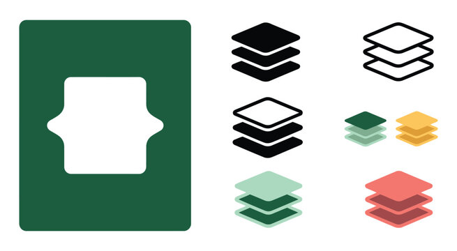 Title 1: Layer vector icons featuring black line symbols representing levels, tiers, floor structures, interface design, architecture concepts, and data hierarchy visualization.