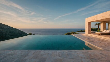 Fototapeta premium Modern Luxury Villa with Infinity Pool and Scenic Ocean Sunset View