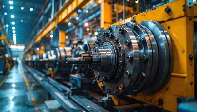 Large Metal Industrial Machine Spindle Mounted on Yellow Factory Equipment
