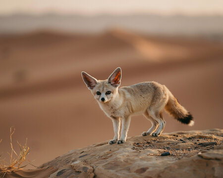 Fennec fox standing on a rocky desert dune sand