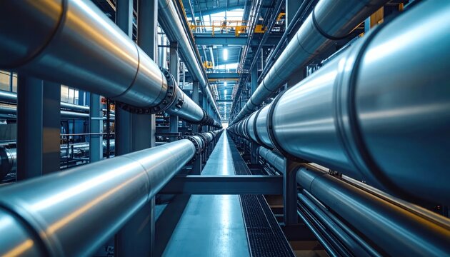 Large Metallic Industrial Pipelines Extending Through Modern Factory Corridor