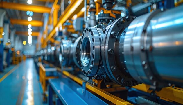 Large Metallic Industrial Pipeline Extending Through Modern Factory Interior