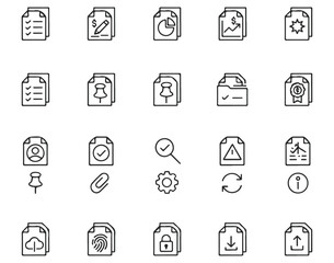 Fototapeta premium Document icons set outline office paper with symbols like pencil check and graph.