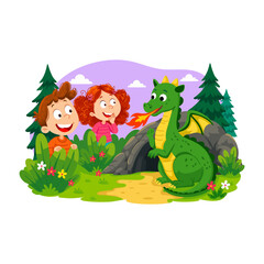 Naklejka premium Three brave children meet a friendly green dragon in a colorful mountain forest.