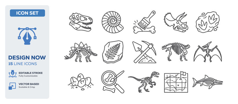 flat vector illustration line art icon bundle set design displaying paleontology sciences dinosaur fossils historic skeletons bone excavations and museum researches