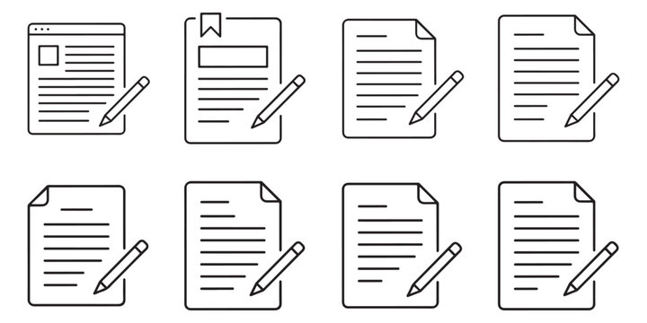 Writing document icons outline web page and paper with pencil edit symbol.