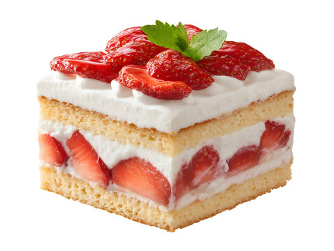 Classic strawberry shortcake with fluffy sponge layers, fresh strawberries, whipped cream, and mint garnish, isolated on a white background.