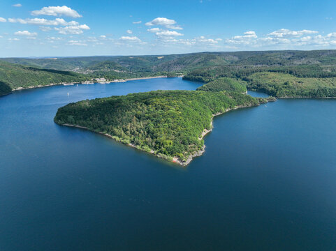 Flight over the Ruhr River and the Rur Reservoir &ndash; Schwammenauel, northern Eifel, Municipality of Simmerath, Aachen region, Germany