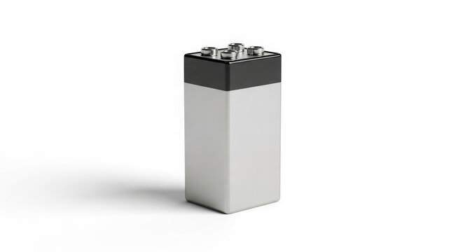 A three dimensional rendering of a rectangular block battery with four metal terminals on its black top, standing upright.