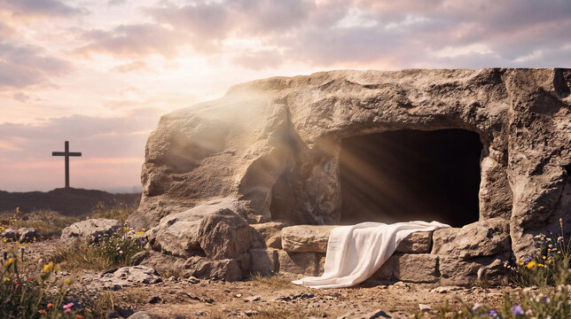 Empty tomb with cross at sunrise representing Christian resurrection and Easter hope