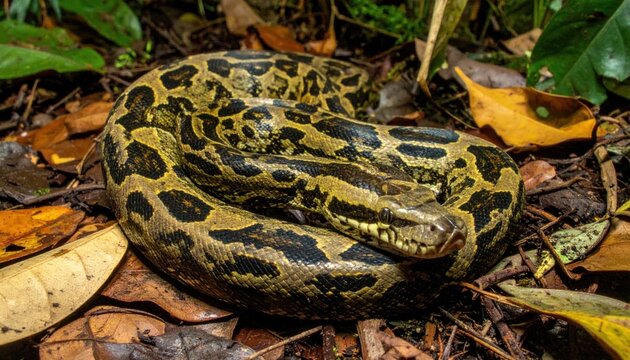 Large Patterned Anaconda Coiled on Tropical Rainforest Floor