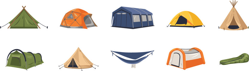 Camping tent vector icon set with outdoor shelter hammock sleeping bag and adventure recreation graphic designs © Sukhi