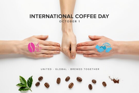 Diverse Hands Joining Together to Celebrate International Coffee Day with Coffee Beans and Global Unity Symbols on White Background