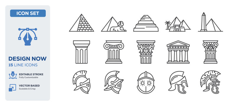 flat vector illustration line art icon bundle set design displaying ancient history monument architectures classical roman columns historical ruins and travel tourism