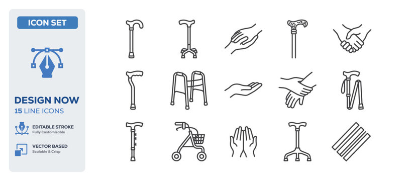 flat vector illustration line art icon bundle set design highlighting walking aid crutches disabled supports medical mobility canes orthopedic equipments and healthcare