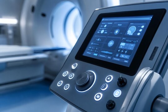Modern MRI machine control panel with digital touchscreen display in a hospital radiology room